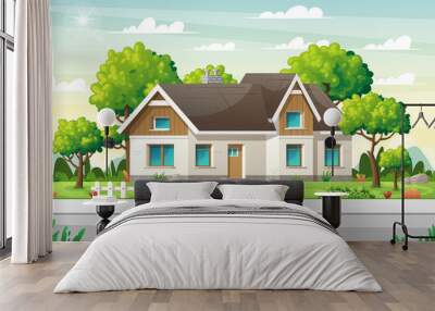 Country house with large garden on a street in summer. Concept for real estate, architecture, advertising, web backgrounds. Vector Illustrations with separate layers. Wall mural