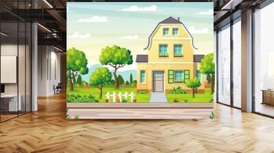 Country house with large garden on a street in summer. Concept for real estate, architecture, advertising, web backgrounds. Vector Illustrations with separate layers. Wall mural