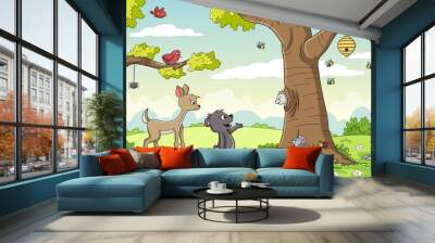 Cute animals in the forest. Vector illustration with separate layers. Wall mural