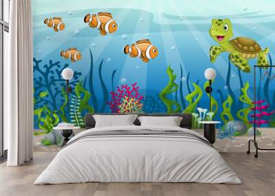 Illustration of an underwater landscape with animals and plants Wall mural