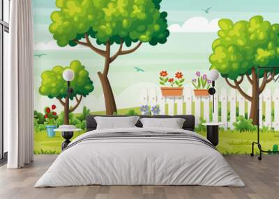 Summer garden with garden tools and fence. Vector Illustrations with separate layers. Concept for banner, web background and templates. Wall mural