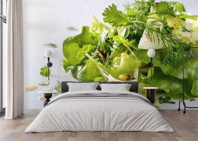 a fresh green salad, showcasing a variety of vibrant lettuce leaves and fresh parsley Wall mural