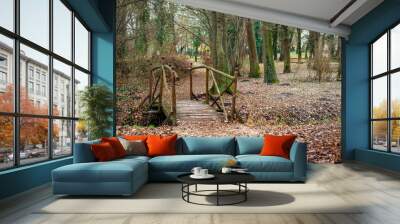 Autumn in the park with wooden bridge and beautiful soft light. Wall mural