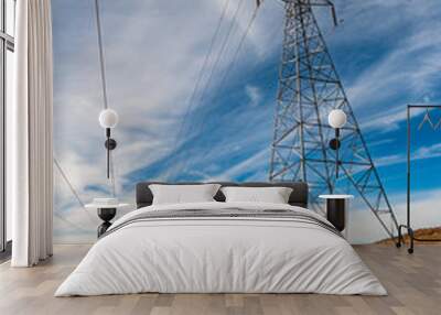 Power lines on desert road dirt track with dramatic sky clouds background Wall mural