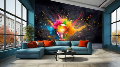 Creative light bulb explodes with colorful paint and splashes on a dark background. Idea, creativity, invention, thought. Wall mural