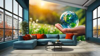 crystal earth in hands. green planet on hand. save of earth. environment concept for background web or world guardian organization. Wall mural