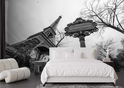 eiffel tower, Paris, France, Europe, black and white, wide angle. Wall mural