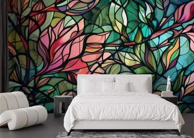 Floral background natural pattern concept wallpaper background stained glass, Generative IA Wall mural