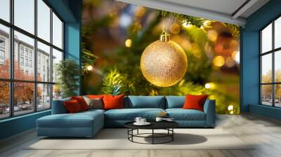 Golden decoration globe on christmas tree close up Wall mural