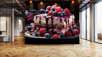 Indulgent dessert dish Homemade Chocolate Raspberry Blueberry Cheesecake Generat, generative IA Wall mural