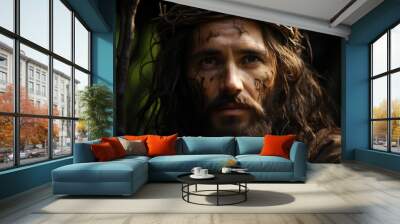 Jesus Christ walks in the water religious concept Bible Faith Drawing with paint, generative IA Wall mural