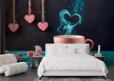 Love. Tea for two. A cup of tea with heart-shaped curls of steam. I love hot coffee. Wall mural