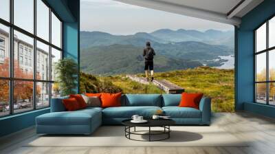 Male hiker walking on a boardwalk trail through bogland and heathland in the Irish mountains on a hazy summer day. Hiking in a scenic landscape on Torc Mountain in Ireland. Wall mural