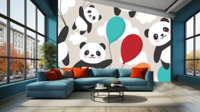 seamless panda pattern background, happy cute panda flying in the sky between colorful balloons and  Wall mural