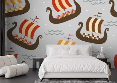 Vikings seamless pattern with viking ship and warrior axe, childish scandinavian vector background, kids apparel, fabric, textile, nursery vector illustration Wall mural