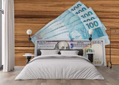 One hundred US dollar bills and one hundred Brazilian reais banknotes, business finance shopping concept. Wall mural