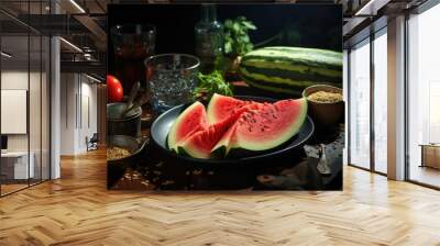 Watermelon and knife cut on the blue table, generative IA Wall mural