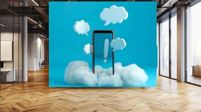 3D illustration of cell phone with exclamation mark inside,r and outside speech bubbles and clouds Wall mural