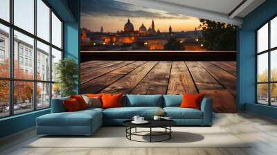 Empty table with baroque, latin style city blur background Wall mural