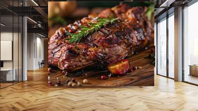 Piece of freshly cooked meat with roasted tomatoes around Wall mural