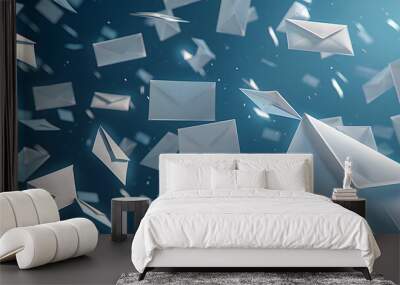 Render of envelopes falling, blue background Wall mural