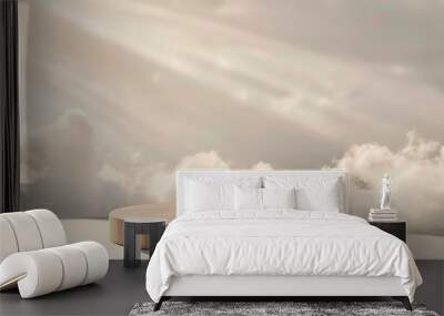 Round wooden podium, to place product or advertising. Clouds and sun rays in the background Wall mural