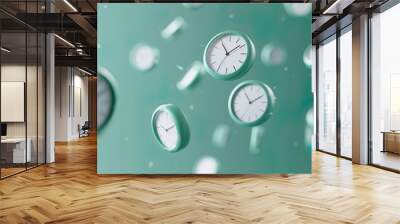 Several clocks falling, concept of time flying or disorganized time Wall mural