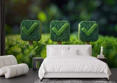 Three Check Mark in green squares, nature background Wall mural