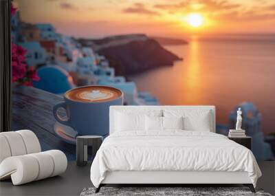 a cup with Greek coffee on the table against the backdrop, blue dome and white houses. A beautiful sunrise in Greece Wall mural