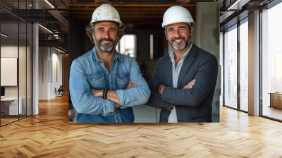 A portrait of few smiling male construction workers and a real estate agent standing with crossed arms in a new apartment under decoration, looking at the camera, wearing a helmet during daylight in t Wall mural