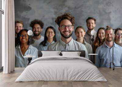 a smiling young businessman stands at the center of his diverse team, all wearing casual attire, pos Wall mural