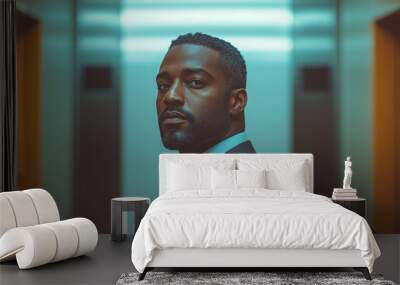 An African businessman in a suit holding a bag is standing near two closed and open elevator doors, with a minimalistic office interior in the background Wall mural