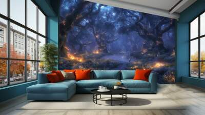 an enchanted forest bathed in the soft glow of a full moon. The trees are ancient and towering, their leaves shimmering with a silvery luminescence Wall mural