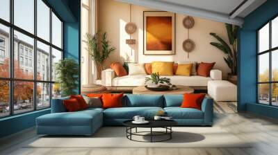 Boho interior design of modern living room- home. Wall mural