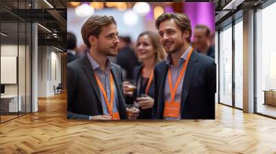 Business men and delegates networking at a conference drinks reception. Attendees engage in professional interaction and socializing, seizing the opportunity to make relationships Wall mural