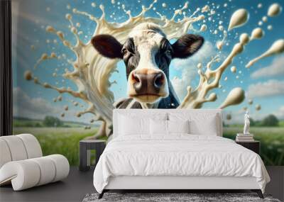 Close-up of a cow with milk splashing around, vibrant sunny day on the farm, dairy industry and natural farming, curious cow face, milk production concept, fresh and organic agriculture Wall mural