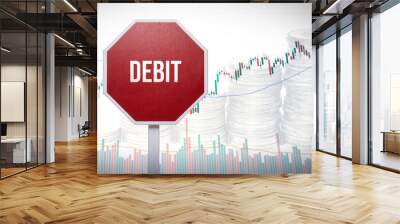 Debit warning sign with financial charts and stacked coins, illustrating financial withdrawals and economic transactions, finance debit concept, monetary deduction, economic balance, banking operation Wall mural