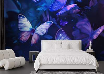 Glowing blue and purple butterflies on a dark background in the fantasy style for a wallpaper or mobile phone wallpaper. Wall mural