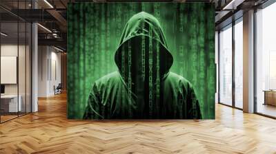 Hacker under a matrix digital rain, mysterious hooded man silhouette under a green binary code characters falling down, computer technology concept for coding, hacking or cyber security Wall mural