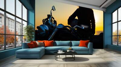 Close up of girl and motorcycle silhouettes Wall mural