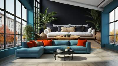 The minimalist interior design of a modern living room with dark gray walls, a white sofa and a wooden coffee table near the window with a black background Wall mural