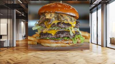 This image showcases a mouthwatering double smash burger with cheese, lettuce, and onion. The delicious grilled beef patties, perfectly melted cheese Wall mural