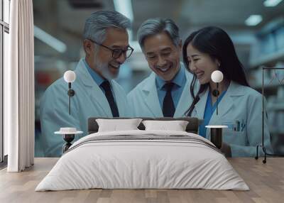 Three individuals standing together, one holding an iPad and two wearing white coats with dark blue accents, discussing the tablet in front of them Wall mural