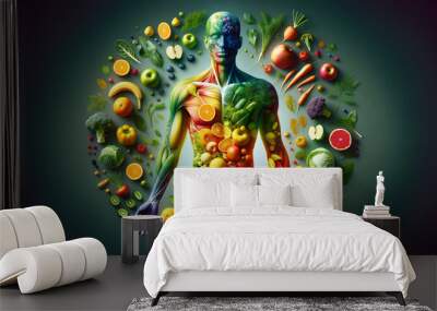 Vibrant anatomical illustration with fruits and vegetables as human organs, detailed edible anatomy artwork, health and nutrition concept Wall mural