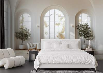 White dining room interior with arched windows, white table and chairs near wall with lamp on herringbone parquet floor. Minimalist home design of modern apartment or house Wall mural