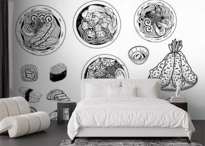 Chinese cuisine outline icon set. Asian food engraved monochrome vector illustration. Wall mural