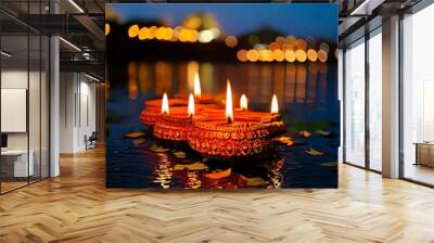 Burning candles floating in water for the Diwali festival, Indian festival of lights, India, Sri Lanka, Nepal, Hinduism Wall mural