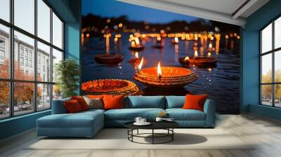 Burning candles floating in water for the Diwali festival, Indian festival of lights, India, Sri Lanka, Nepal, Hinduism Wall mural