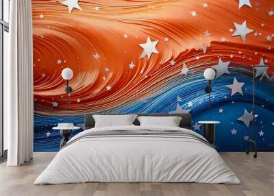 golden and silver stars as background with waves, blue, white and red background, success, victory, surprise, christmas Wall mural