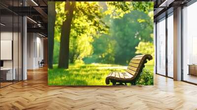 park bench in gentle sunshine and green park in the background Wall mural